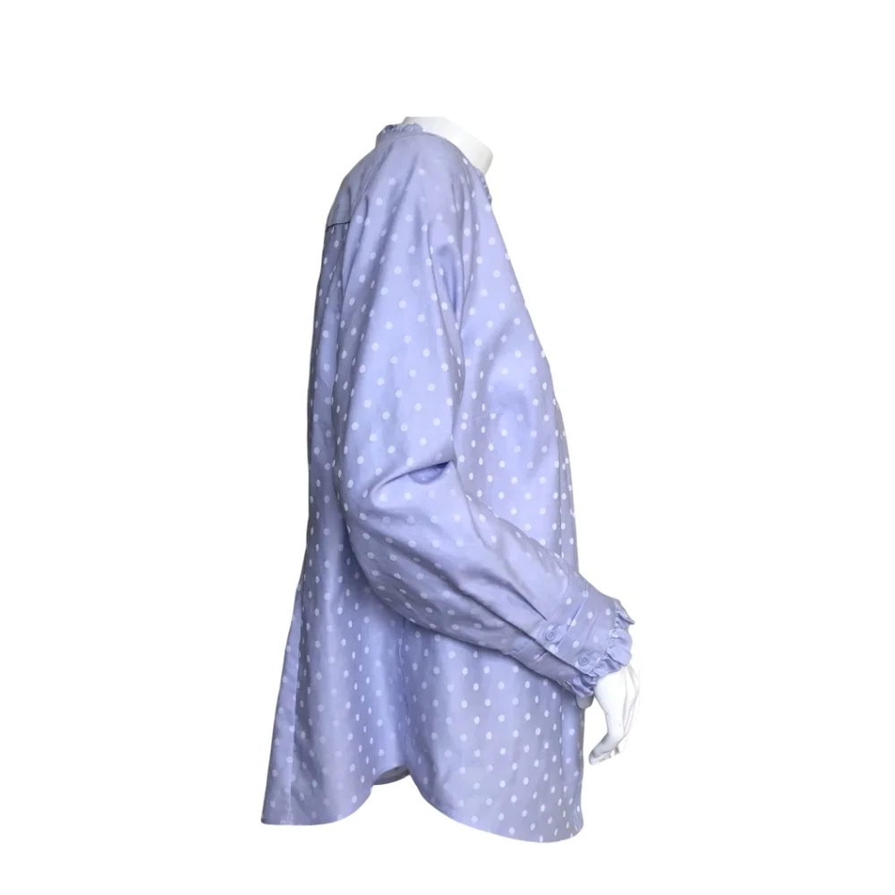 CHICO’S Shirt Lavender Polka Dot Long Sleeve No-iron Cotton Ruffles Sz 2 (10-12)